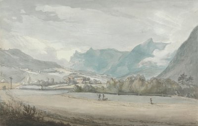Bergachtig landschap met figuren door attributed to Benjamin West
