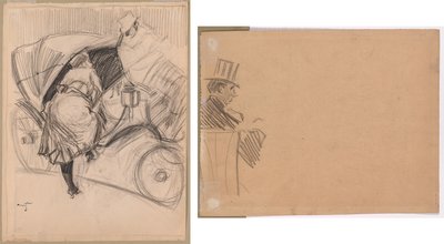 Vrouw die een fiacre binnengaat (recto); Rechterprofiel van een man met hoge hoed (verso) door attributed to Jean Louis Forain