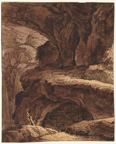 Rotsachtig landschap met een grotkerk door attributed to Johann Martin von Rohoden