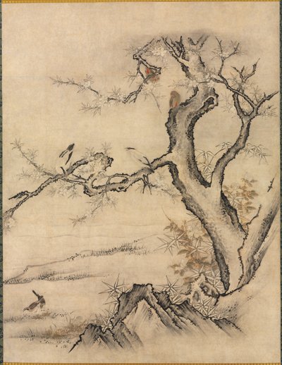 Bloemen en Vogels in een Lentelandschap door attributed to Kano Motonobu