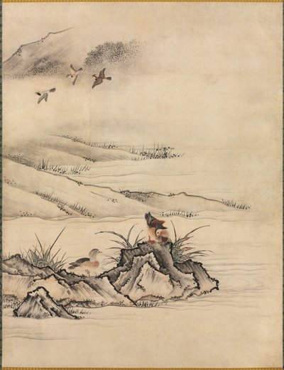 Bloemen en Vogels in een Lentelandschap door attributed to Kano Motonobu