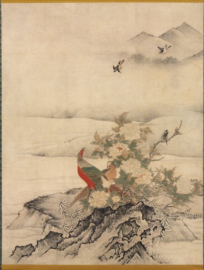 Bloemen en Vogels in een Lentelandschap door attributed to Kano Motonobu