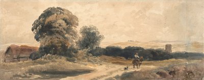 Een landweg met reiziger te paard door attributed to Peter DeWint