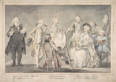 Satirische tekening: Kunstenaar Schildert Portret van Oude Dame door attributed to Pietro Antonio Novelli.