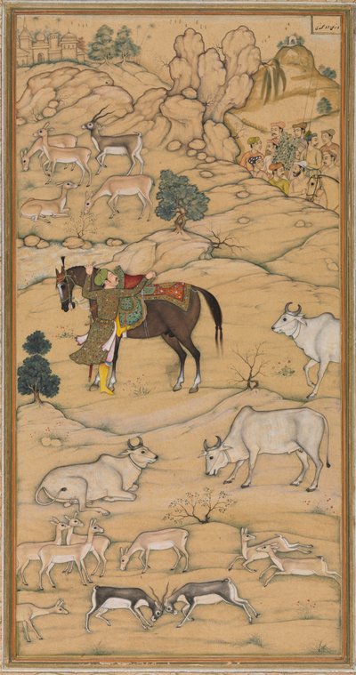 Akbar bestijgt zijn paard; pagina uit de Chester Beatty Akbar Nama (Geschiedenis van Akbar) door attributed to Sur Das Gujarati