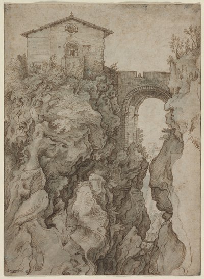 Ponte San Rocco bij Tivoli door attributed to Willem van Niewlandt