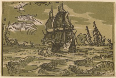 Twee Drie-Master Schepen voor een Kustlijn door attributed to workshop of Willem Jansz. Blaeu
