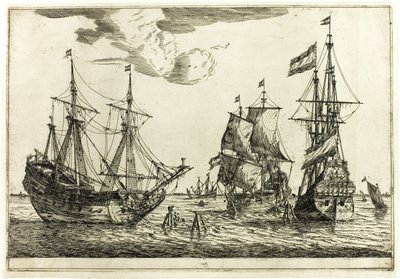 Drie aangemeerde zeilschepen, uit Dertien Marinescènes door called Zeeman Reinier Nooms