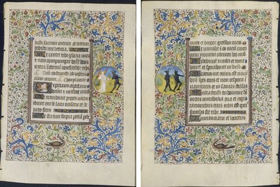 Blad uit een getijdenboek: Engel die een duivel achtervolgt (recto) en twee duivels (verso) door circle of Coëtivy Master