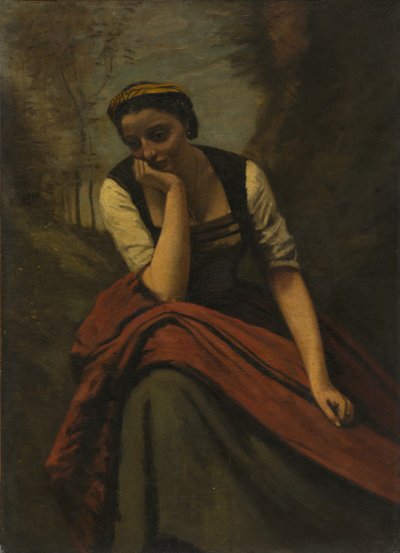 Vrouw aan het mediteren door copy after Jean Baptiste Camille Corot