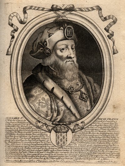 Portret van Clotaire I (497 - 561), Koning van Neustrië en Koning van de Franken - Gravure uit 