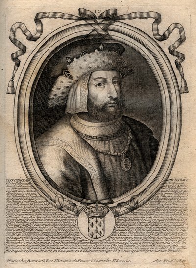 Portret van Clotaire II (584 - 628), koning van Neustrië en koning van de Franken - gravure uit 