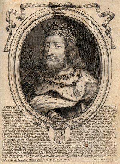 Portret van Clovis I (ca. 466 - 511), Koning van de Franken - Portret van Clovis I (466-511), Koning van de Franken - gravure uit 