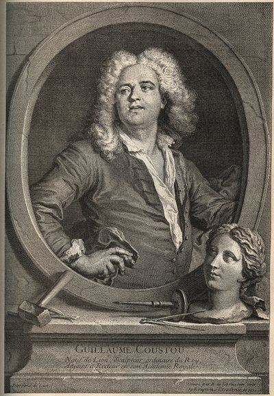 Portret van Guillaume Coustou (1677-1746), Franse beeldhouwer - gravure door Larmessin naar J.de Lien door de Larmessin