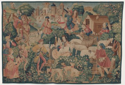 Jacht- en Pastorale Scènes, met een herderin die schapen scheert door design probably French 16th Century, Paris; woven in southern Netherlands or Paris in an undetermine workshop