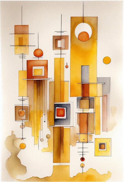 Abstracte Aquarel Schilderij, Geometrische Abstractie door F. Abderrahim