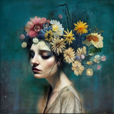 Mooi meisje met bloemen, Abstract schilderij door F. Abderrahim