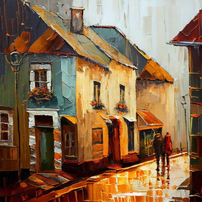Mooi schilderij van buurt huizen, Oud dorp door F. Abderrahim