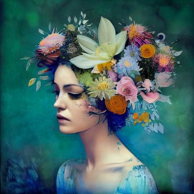 Mooie vrouw met bloemen, Abstract schilderij door F. Abderrahim