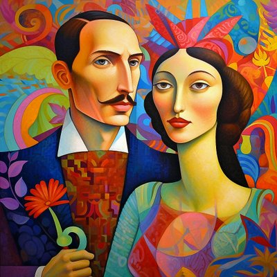 Liefdeskoppel in een schilderij, man & vrouw portret door F. Abderrahim
