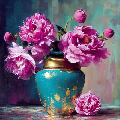 Roze bloem schilderij, abstracte botanische kunst door F. Abderrahim