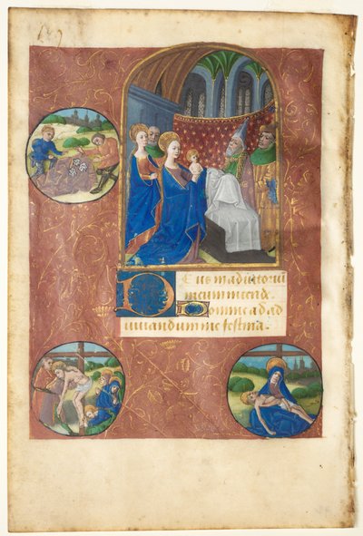 Blad uit een Getijdenboek: Presentatie in de Tempel met Rondelen van het Loten, de Afzetting en Pietà (None, Officie van de Maagd) door follower of Master of Adélaïde de Savoie