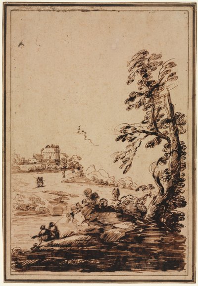 Landschap met kleine groep gebouwen door imitator of Guercino