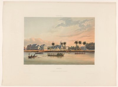 Waterkant met Gouverneurshuis te Paramaribo Suriname. Gouvernements-huis en plein te Paramaribo door jonkheer Jacob Eduard van Heemskerck