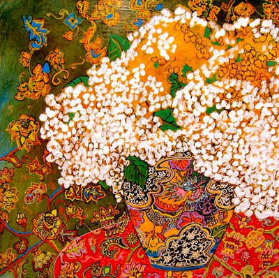 Bloemen in Chinese Vaas, 2016 (gemengd, acryl, inkt, olie) door linda arthurs