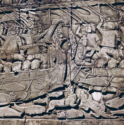 Zeeslag tussen Cham en Khmer, detail van een bas-reliëf van Bayon Tempel (13e eeuw), Angkor Thom, Angkor archeologisch site (UNESCO Werelderfgoedlijst) door Theodore Charles Ange Coquelin
