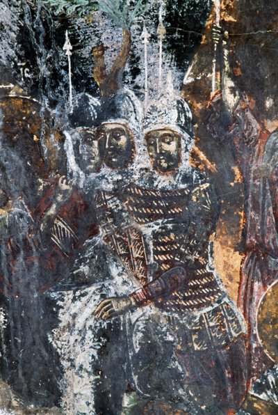 Soldaat, beschadigde fresco op plafond van kerk van Agios Vasileios, Vavouledo, Kreta, Griekenland door Theodore Charles Ange Coquelin