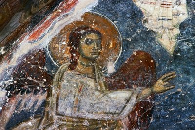 Engel, fresco in de Byzantijnse kerk van Agios Georgios Sfakiotis, Diavaide, Kreta, Griekenland door Unbekannt Unbekannt