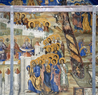 St. Peter opent de poorten van de hemel, Laatste Oordeel fresco in het klooster van Timios Prodromos, Serres, Centraal Macedonië, Griekenland door Unbekannt Unbekannt