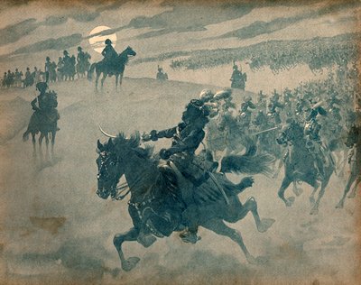 Allegorie van Joachim Murat die met zijn cavalerie voor Napoleon I Bonaparte passeert. Gravure door Jacques Marie Gaston Onfray de Breville, genaamd Job door pseudonym for Onfray de Breville Jacques Job
