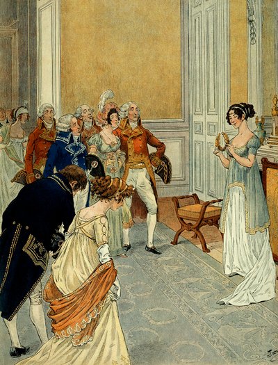 Bij de Tuilerieën, ministers, diplomaten en raadsleden van de staat verlaten de consuls die de overwinning van Marengo hadden aangekondigd (de eerste Italiaanse campagne (1796-1797) kwamen Josephine de Beauharnais (1763-1814) feliciteren; zij houdt een lau door pseudonym for Onfray de Breville Jacques Job