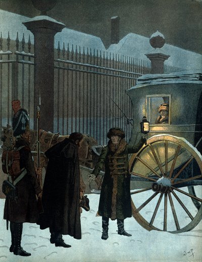 Verslagen in de Russische campagne en teruggekeerd naar Parijs: Napoleon I Bonaparte (1769-1821) in een draagstoel aangekomen bij de Tuilerieën op 18 december 1812 om 11 uur 