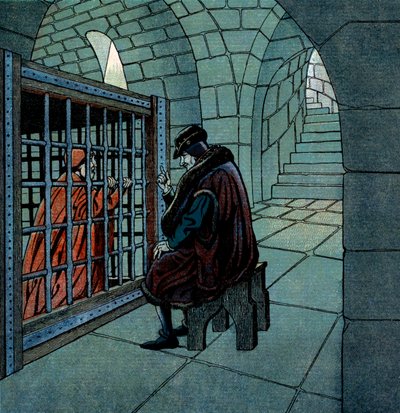 Franse koning Lodewijk XI bezoekt kardinaal Jean de la Balue gevangene in een kooi in de gevangenis van Loche door pseudonym for Onfray de Breville Jacques Job