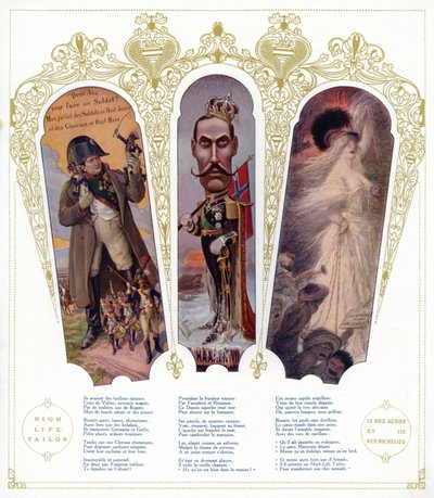 Franse militaire training, karikatuur van koning Haakon VII van Noorwegen, en Marokkaanse immigranten in Frankrijk door pseudonym for Onfray de Breville Jacques Job