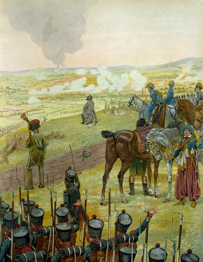 Duitse campagne in 1813: Napoleon I Bonaparte (1769-1821) zittend op een trommel, nadenkend over zijn gevechtsstrategie tijdens de Slag bij Bautzen op 20 en 21 mei 1813. In 
