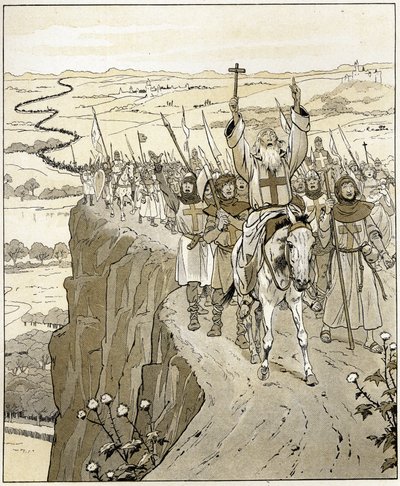 God wil het Woorden van de menigte die Peter de Kluizenaar volgde, Franse religieuze uit de 11e eeuw, predikend de bevrijding van de heilige plaatsen op weg naar Jeruzalem. Illustratie van Job (Jacques Marie Gaston Onfray) door pseudonym for Onfray de Breville Jacques Job