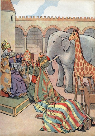 Geschiedenis van Frankrijk. Scène uit het leven van Karel de Grote in speelgoed: Kalief Haron Al Rashid geeft de koning van Frankrijk Karel de Grote een giraffe, een olifant en een klok. In 