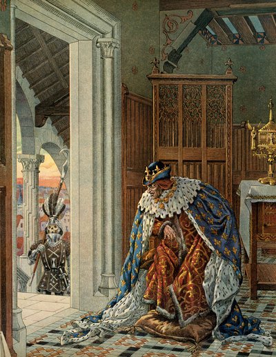 Geschiedenis van Frankrijk in de Middeleeuwen: Koning Lodewijk XI de Voorzichtige (1423-1483) bang voor de dood in harnas op de drempel. Illustratie door Jacques Marie Gaston Onfray de Breville, bekend als JOB (1858-1931) door pseudonym for Onfray de Breville Jacques Job