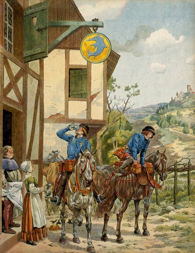 Geschiedenis van Frankrijk in de Middeleeuwen: postdienst onder het bewind van koning Lodewijk XI genaamd de Voorzichtige (1423-1483). Paardenpoststation bij een herberg. Illustratie door Jacques Marie Gaston Onfray de Breville, bekend als JOB (1858-1931) door pseudonym for Onfray de Breville Jacques Job