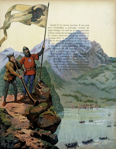 Geschiedenis van Frankrijk in de Middeleeuwen: de troepen van Karel de Stoute (1433-1477), hertog van Bourgondië, betreden het land van Vaud in Zwitserland. Illustratie door Jacques Marie Gaston Onfray de Breville, bekend als JOB (1858-1931) door pseudonym for Onfray de Breville Jacques Job