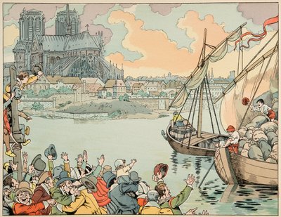Illustratie uit het boek Le bon roy Henri, geïllustreerd door Jacques Marie Gaston Onfray de Breville, genaamd JOB (1858-1931): Parijs herbevoorraad - Privécollectie door pseudonym for Onfray de Breville Jacques Job