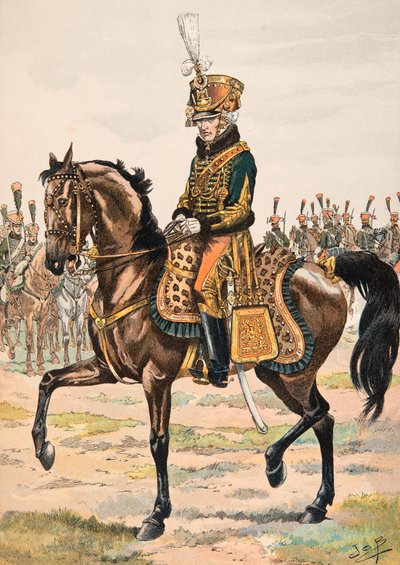 Outfit van Franse troepen in alle tijden: Generaal die een van de regimenten van de Ere Garde aanvoert in 1813, Privécollectie door pseudonym for Onfray de Breville Jacques Job