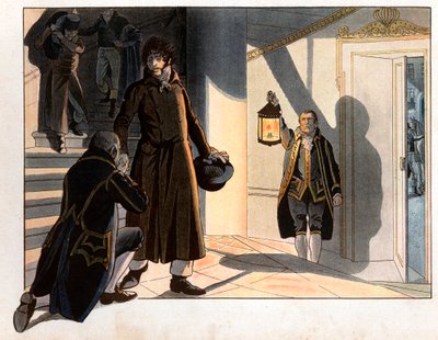 Joachim Murat vluchtte uit zijn paleis in Napels in de nacht van 19 op 20 mei 1815. Gravure door Jacques Marie Gaston Onfray de Breville, genaamd Job door pseudonym for Onfray de Breville Jacques Job