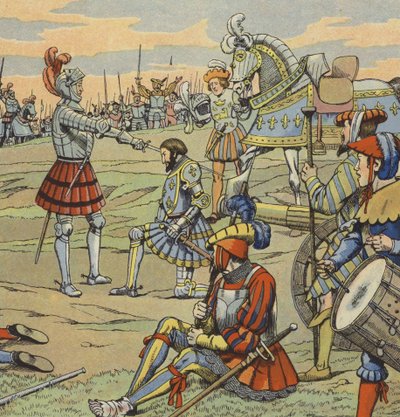 Koning Frans I van Frankrijk ontvangt zijn ridderschap van de Chevalier de Bayard na de Slag bij Marignano door pseudonym for Onfray de Breville Jacques Job