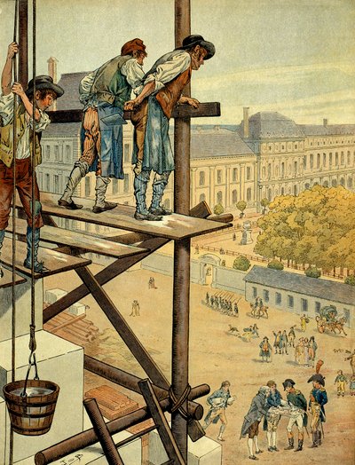 Napoleon I Bonaparte aandachtig voor de architecturale en stedelijke werken van de verbinding tussen het Louvre en het Palais des Tuileries in Parijs met de Place en Rue de Rivoli die begon in 1802. door pseudonym for Onfray de Breville Jacques Job