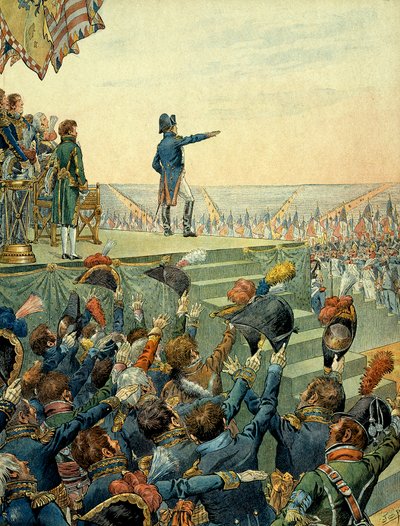 Napoleon I Bonaparte (1769-1821) verdeelt de kruisen van het Legioen van Eer aan het leger van het militaire kamp van Boulogne op 16 augustus door pseudonym for Onfray de Breville Jacques Job